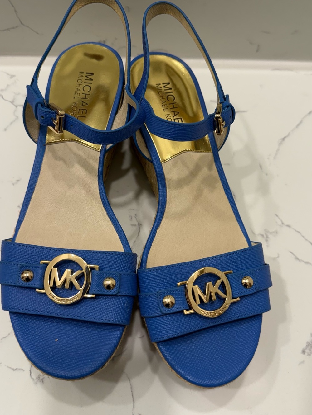 MICHAEL Michael Kors Cobalt Blue Wedge Sandals with Gold MK Accents Size 8.5M